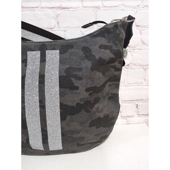 Koala Kanvas Mini City Bag Black Gray Camo Print Silver Metallic Stripe Strap - Picture 3 of 16